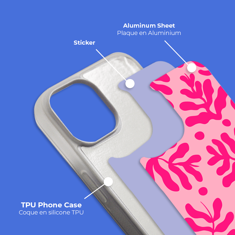 Coque sublimation 2D TPU pour Apple iPhone 15 Pro Max, 15 Pro, 15 Plus, 14, 13, 12, 11, XS, XR, X, SE, 8, 7, 6, 5, 4. La plaque arrière en aluminium dédiée à la sublimation permet la personnalisation de la coque.