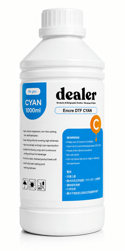 Coque Sublimation Cyan 1 Litre - Encre DTF Pro 1 Litre - Encre DTF Professionnelle – Couleurs haute densité & Résistant