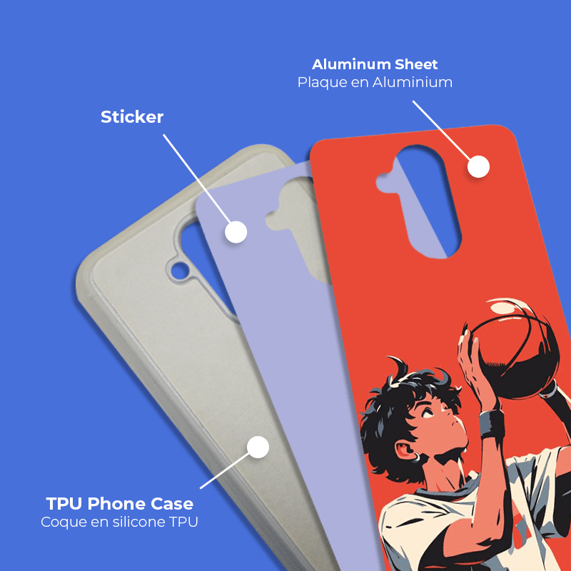 Coque sublimation 2D TPU pour Huawei Mate 40 Pro Plus, 40 Lite, 20 Pro, 20, 10, 9, 8. La plaque arrière en aluminium dédiée à la sublimation permet la personnalisation de la coque.