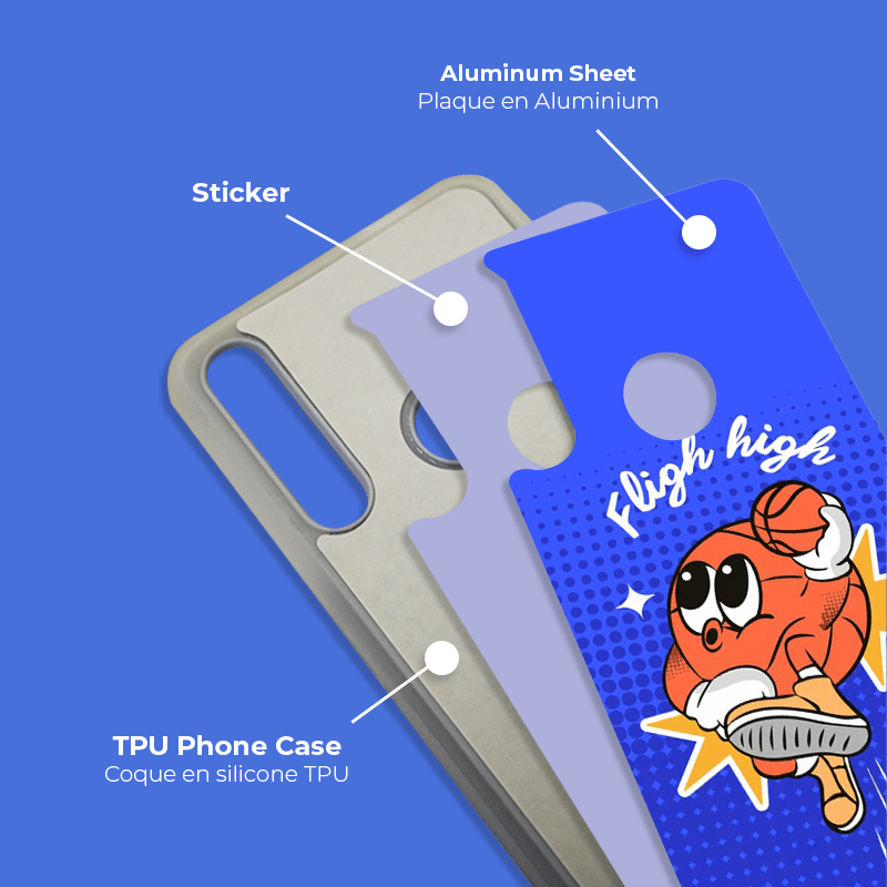 Coque sublimation 2D TPU pour Huawei Y9 Prime, Y9, Y7 Pro, Y7, Y6, Y5. La plaque arrière en aluminium dédiée à la sublimation permet la personnalisation de la coque.