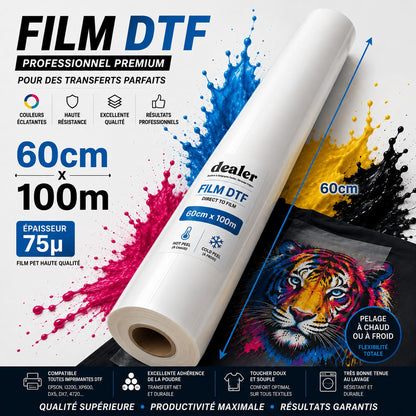 Film DTF en rouleau. Tarif grossiste. Largeur de 60cm, 100 mètres de long. épaisseur 75 microns. Compatible avec toutes les imprimantes